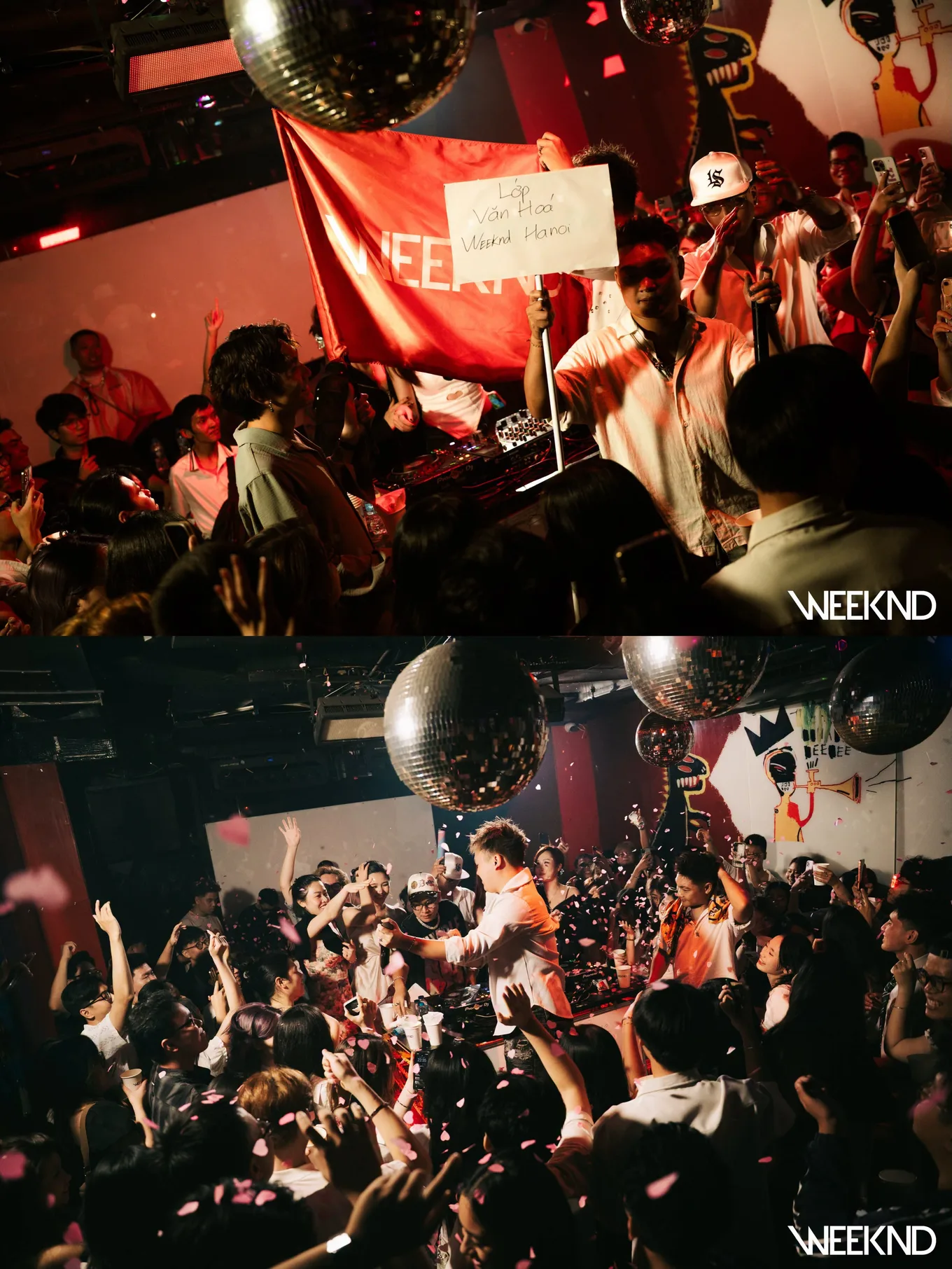 Lá cờ đỏ WEEKND và biển tự viết giơ cao giữa đám đông